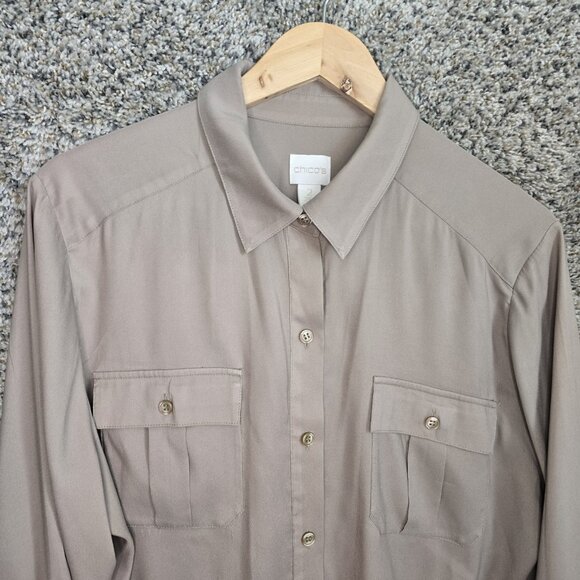 Chicos Top Womens 2 US Large Beige Button Up Roll Tab Sleeve Collared Casual - Picture 4 of 7
